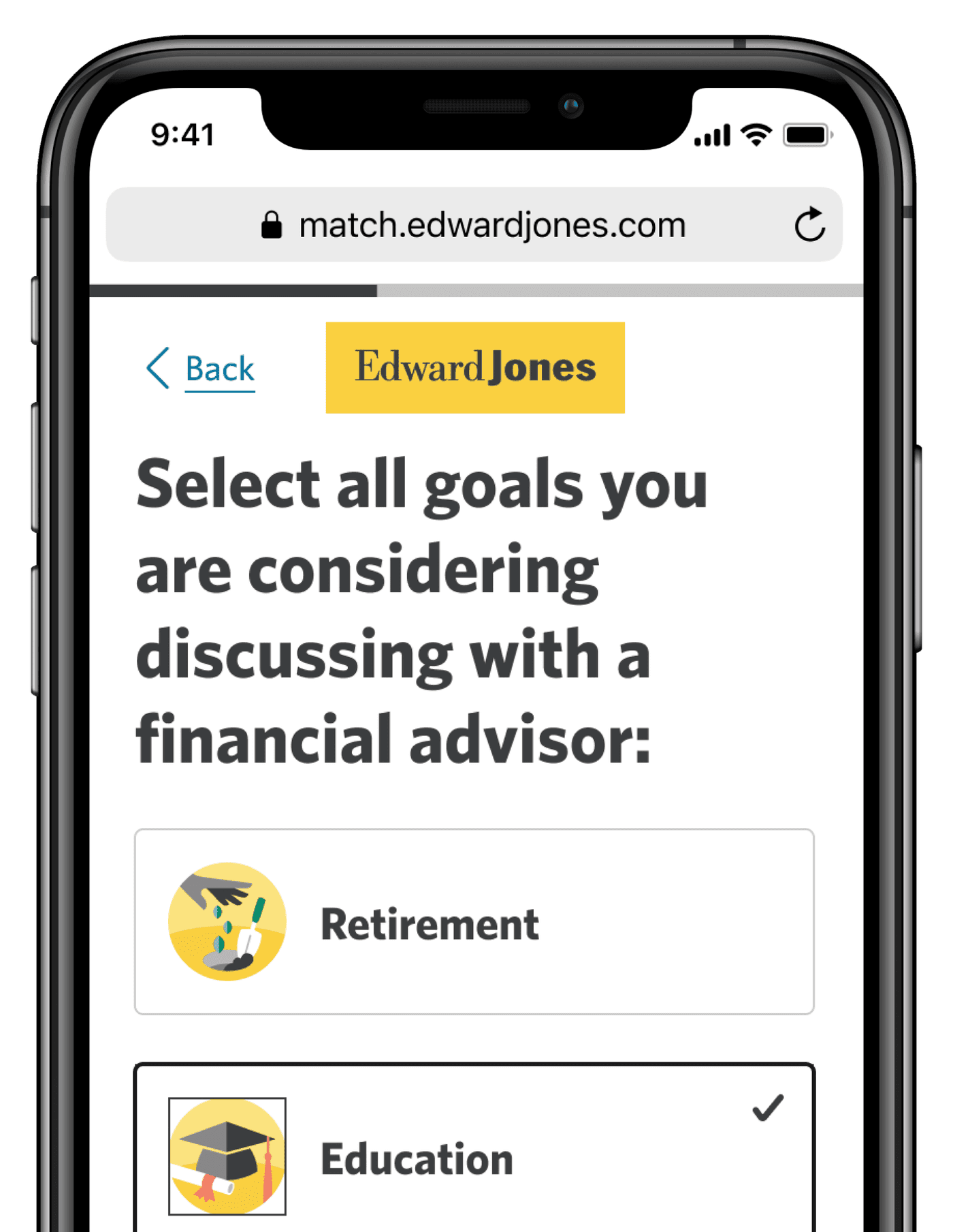 A mockup of a mobile phone displaying the edward jones match website.